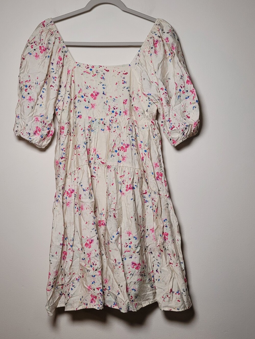 Vero Moda Cream Mini Dress XS Puff Sleeve Baby Doll Artsy Abtract Flowy Events